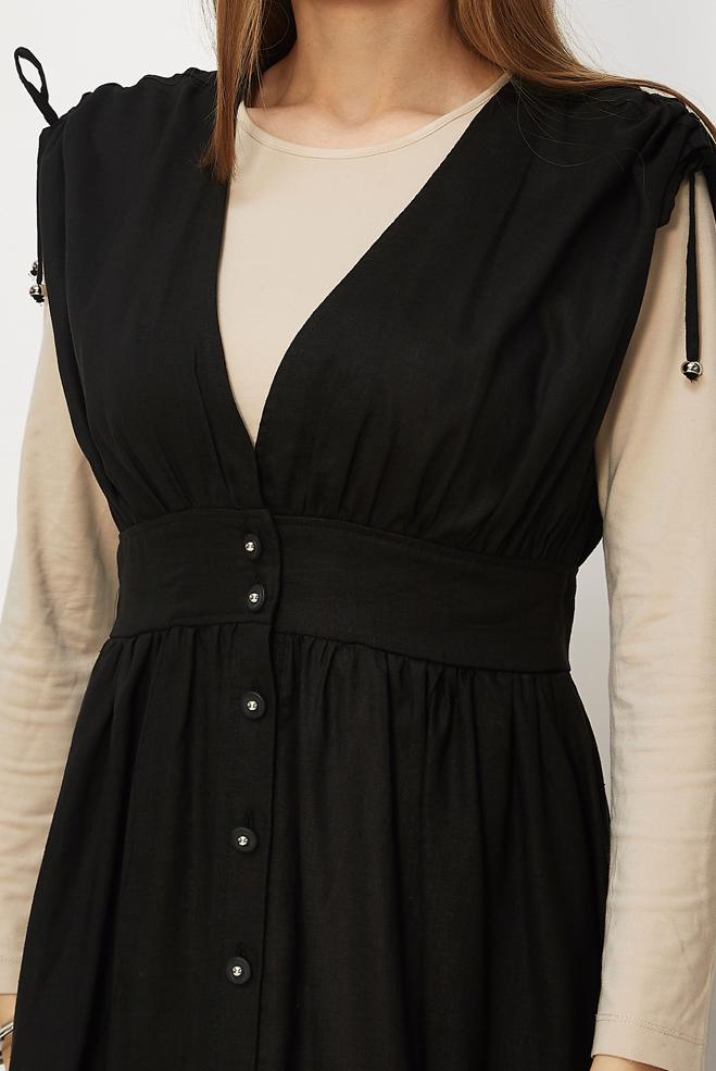Hijab-Kleidung SCHWARZ TRÄGERKLEID AUS LEINEN 46416 - ALVİNA