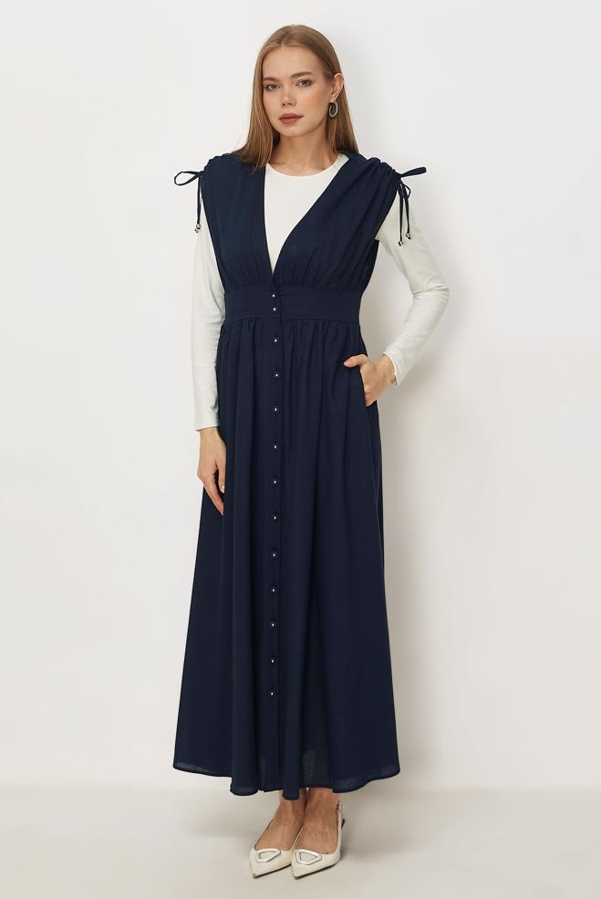 Hijab-Kleidung NAVY BLAU TRÄGERKLEID AUS LEINEN 46416 - ALVİNA