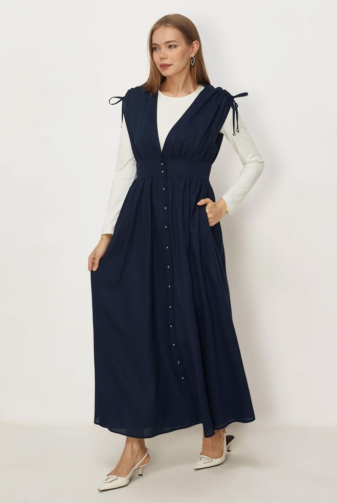 Hijab-Kleidung NAVY BLAU TRÄGERKLEID AUS LEINEN 46416 - ALVİNA