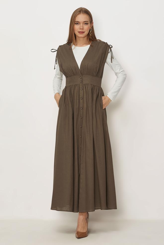 Hijab-Kleidung BRAUN TRÄGERKLEID AUS LEINEN 46416 - ALVİNA