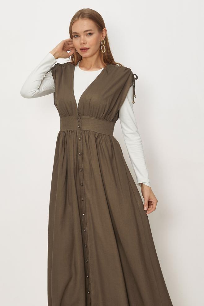 Hijab-Kleidung BRAUN TRÄGERKLEID AUS LEINEN 46416 - ALVİNA