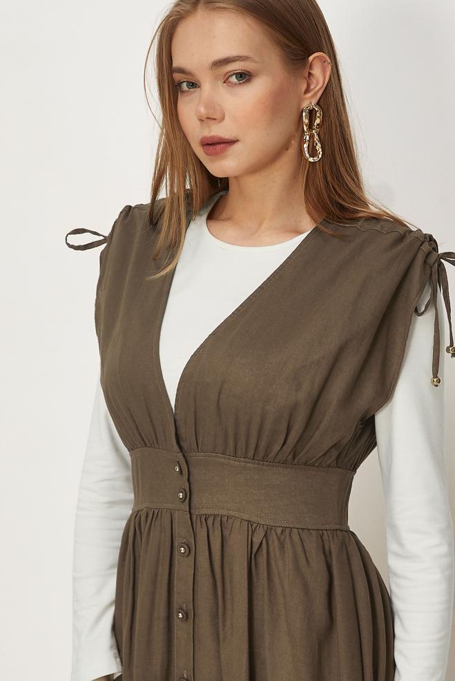 Hijab-Kleidung BRAUN TRÄGERKLEID AUS LEINEN 46416 - ALVİNA