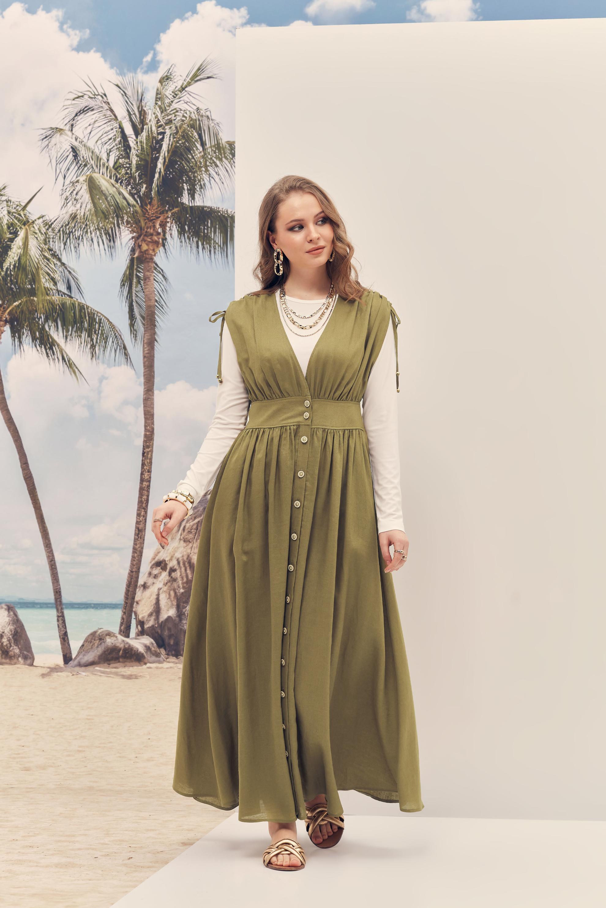 Hijab-Kleidung GRÜN TRÄGERKLEID AUS LEINEN 46416