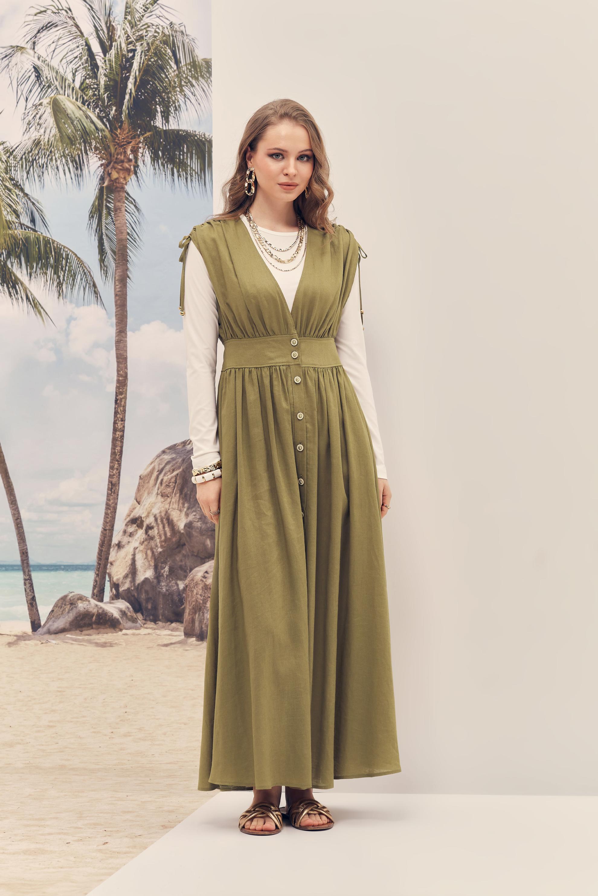 Hijab-Kleidung GRÜN TRÄGERKLEID AUS LEINEN 46416