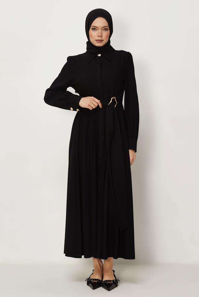 Hijab-Kleidung SCHWARZ KLEID MIT GÜRTEL 46419 - ALVİNA