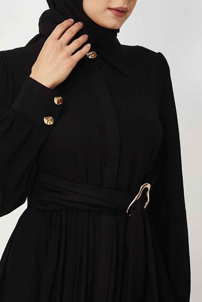 Hijab-Kleidung SCHWARZ KLEID MIT GÜRTEL 46419 - ALVİNA