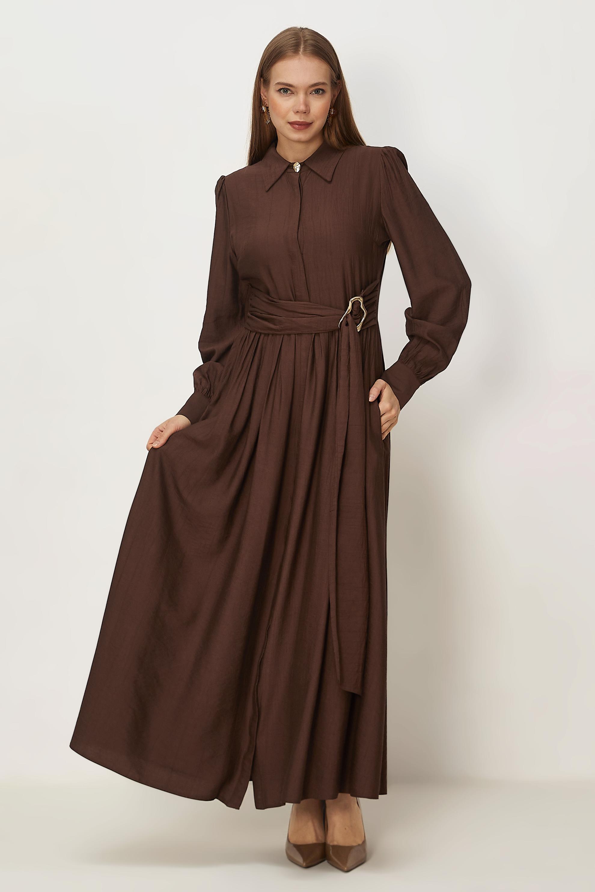 Hijab-Kleidung BRAUN KLEID MIT GÜRTEL 46419