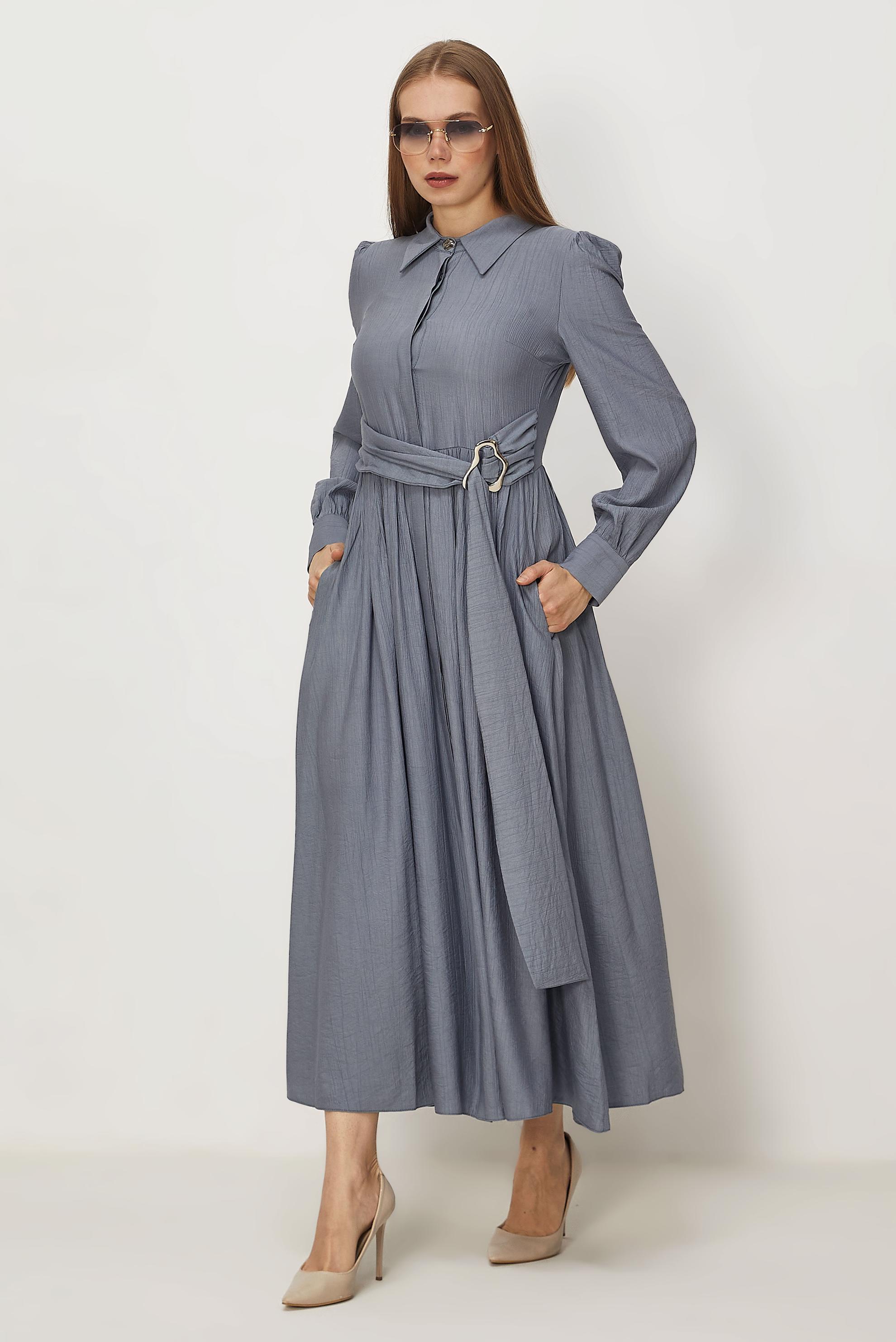 Hijab-Kleidung GRAU KLEID MIT GÜRTEL 46419