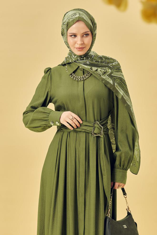 Hijab-Kleidung GRÜN KLEID MIT GÜRTEL 46419 - ALVİNA