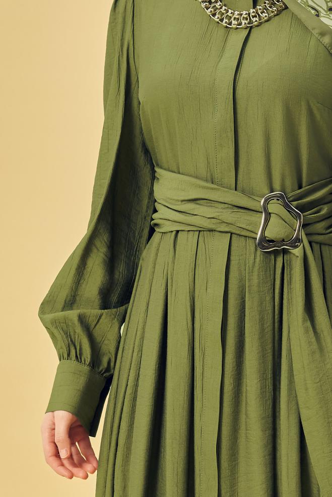 Hijab-Kleidung GRÜN KLEID MIT GÜRTEL 46419 - ALVİNA