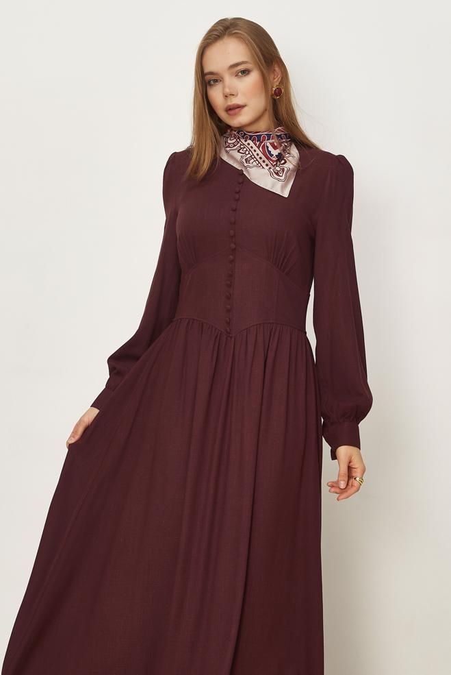 Hijab clothing BEIGE BUTTONED LINEN DRESS 46422 - ALVİNA