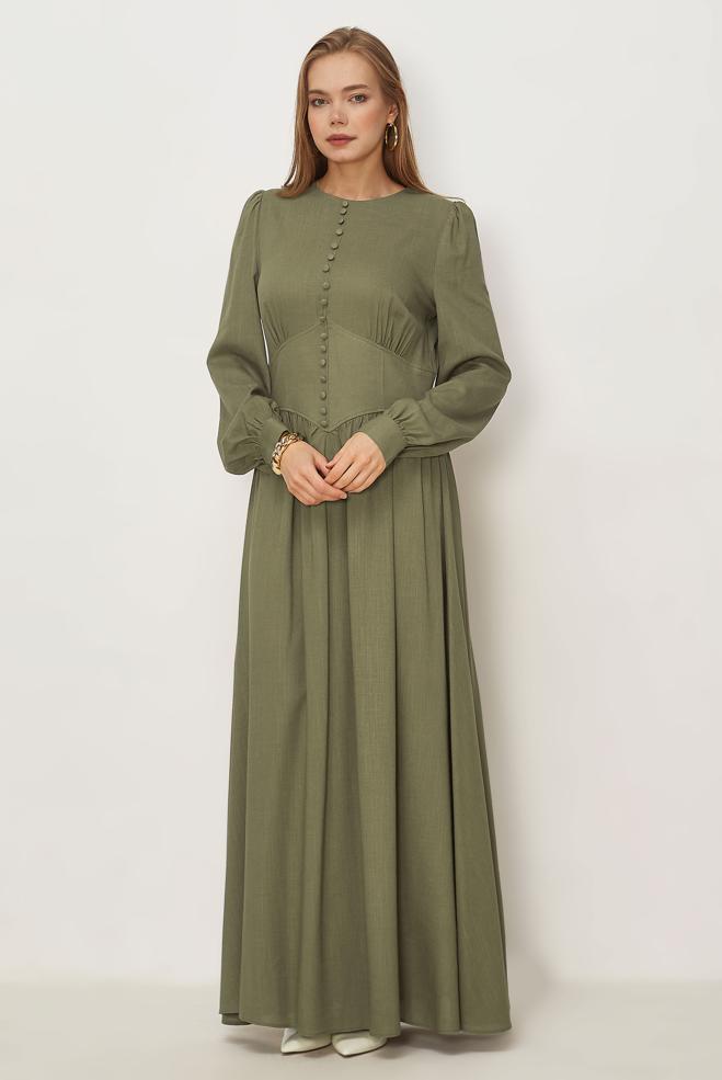Hijab clothing KHAKI BUTTONED LINEN DRESS 46422 - ALVİNA
