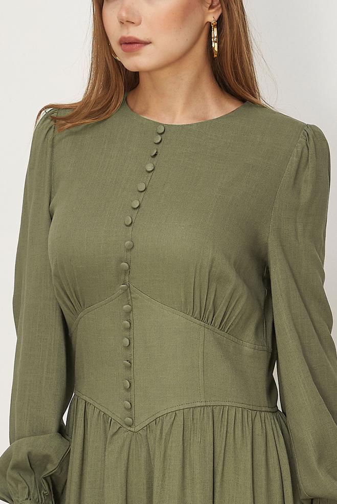 Hijab clothing KHAKI BUTTONED LINEN DRESS 46422 - ALVİNA
