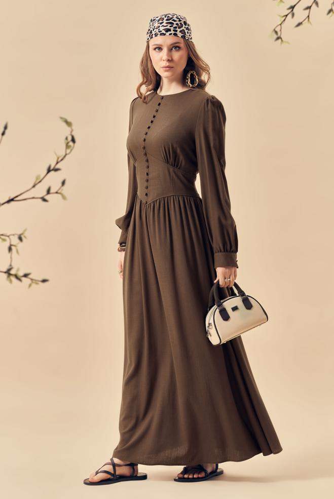 Hijab-Kleidung BRAUN GEKNÖPFTES LEINENKLEID 46422 - ALVİNA