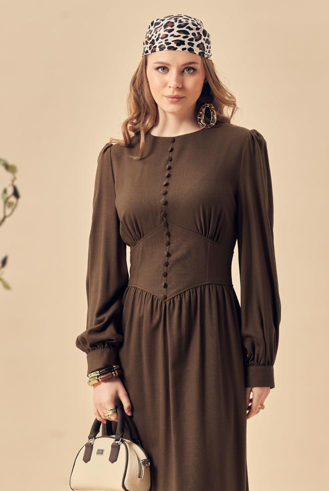 Hijab-Kleidung BRAUN GEKNÖPFTES LEINENKLEID 46422 - ALVİNA