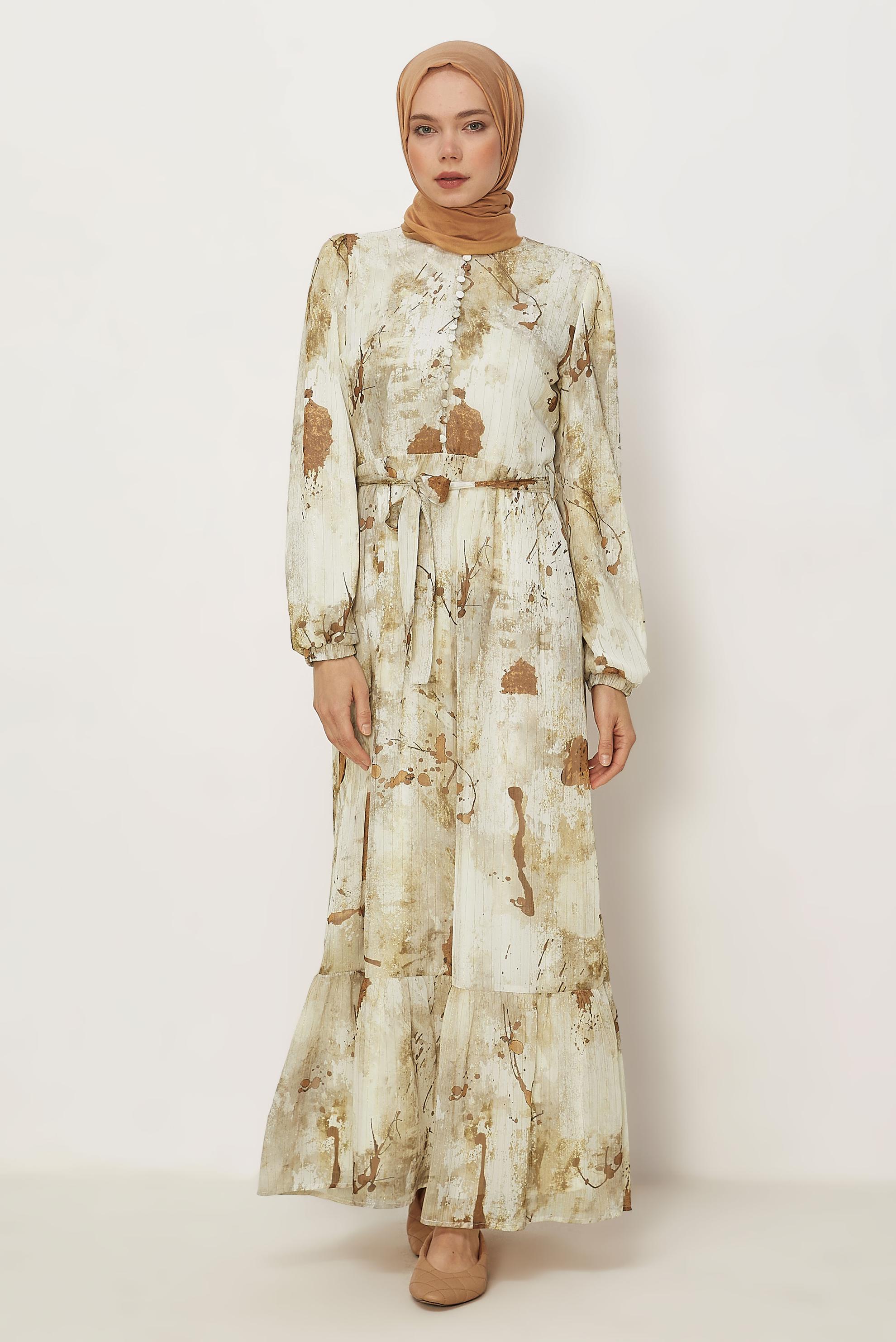 Hijab-Kleidung BRAUN GEMUSTERTES KLEID MIT GÜRTEL 46424