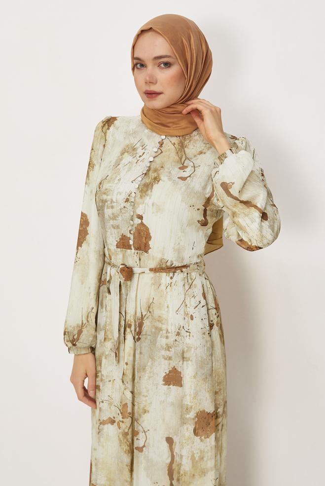 Hijab-Kleidung BRAUN GEMUSTERTES KLEID MIT GÜRTEL 46424 - ALVİNA