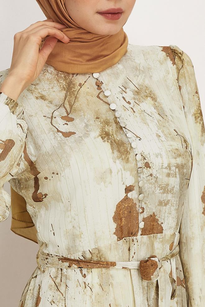 Hijab-Kleidung BRAUN GEMUSTERTES KLEID MIT GÜRTEL 46424 - ALVİNA