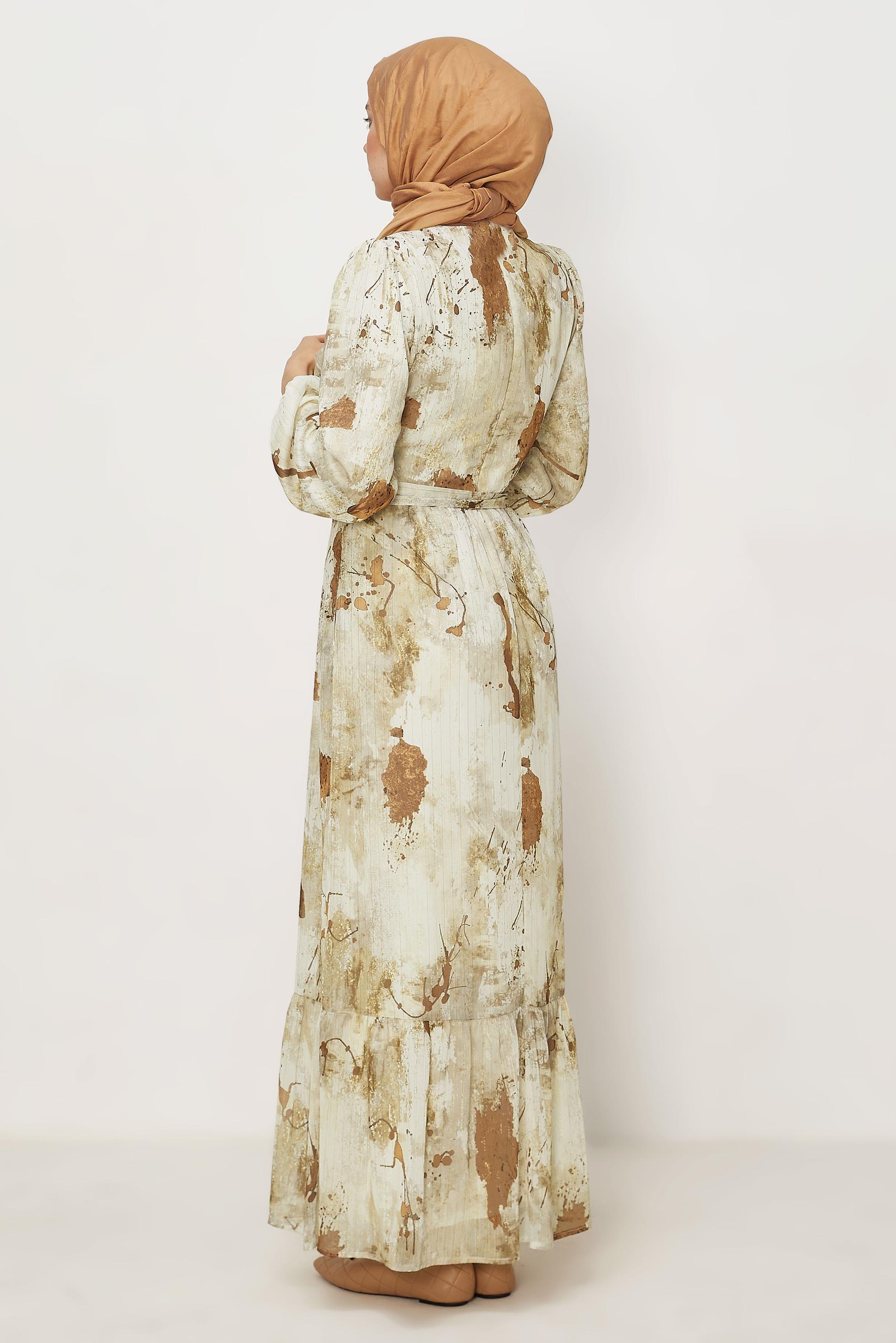 Hijab-Kleidung BRAUN GEMUSTERTES KLEID MIT GÜRTEL 46424