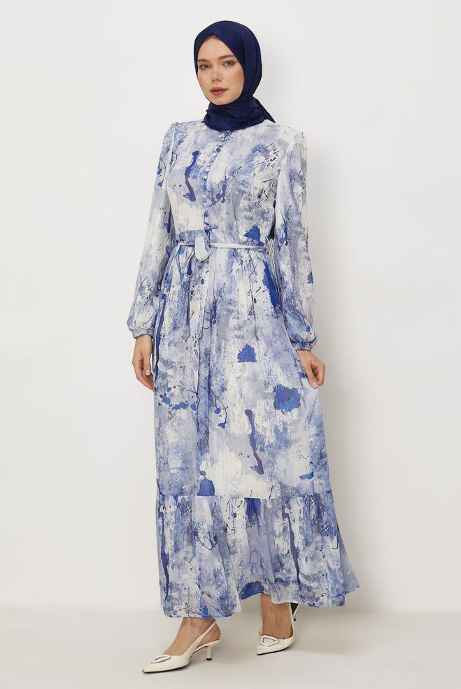 Hijab-Kleidung NAVY BLAU GEMUSTERTES KLEID MIT GÜRTEL 46424 - ALVİNA