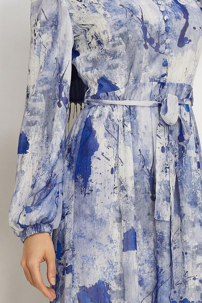 Hijab-Kleidung NAVY BLAU GEMUSTERTES KLEID MIT GÜRTEL 46424 - ALVİNA