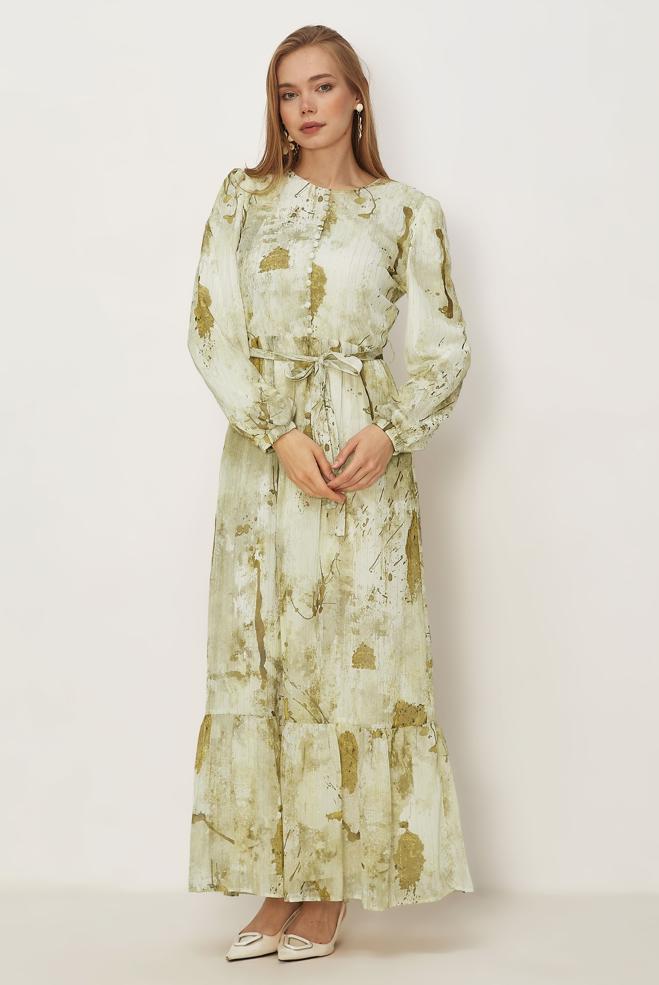 Hijab-Kleidung GRÜN GEMUSTERTES KLEID MIT GÜRTEL 46424 - ALVİNA