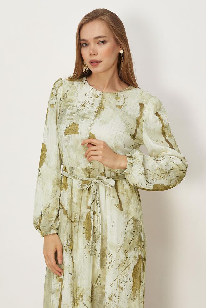 Hijab-Kleidung GRÜN GEMUSTERTES KLEID MIT GÜRTEL 46424 - ALVİNA