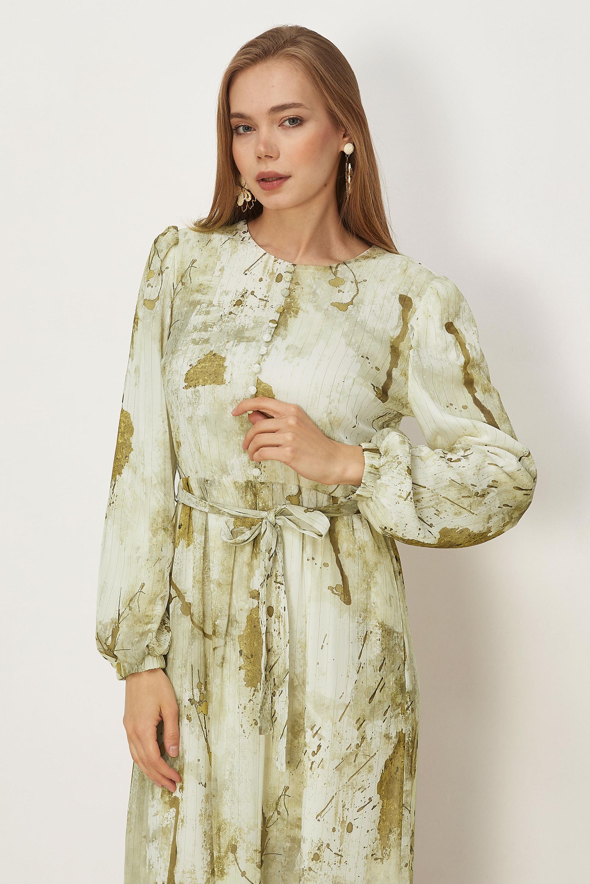 Hijab-Kleidung GRÜN GEMUSTERTES KLEID MIT GÜRTEL 46424