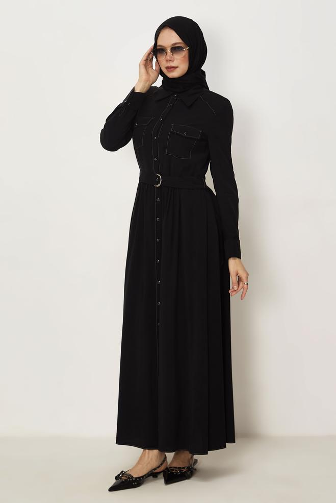 Hijab clothing BLACK BELTED DENIM DRESS 46432 - ALVİNA