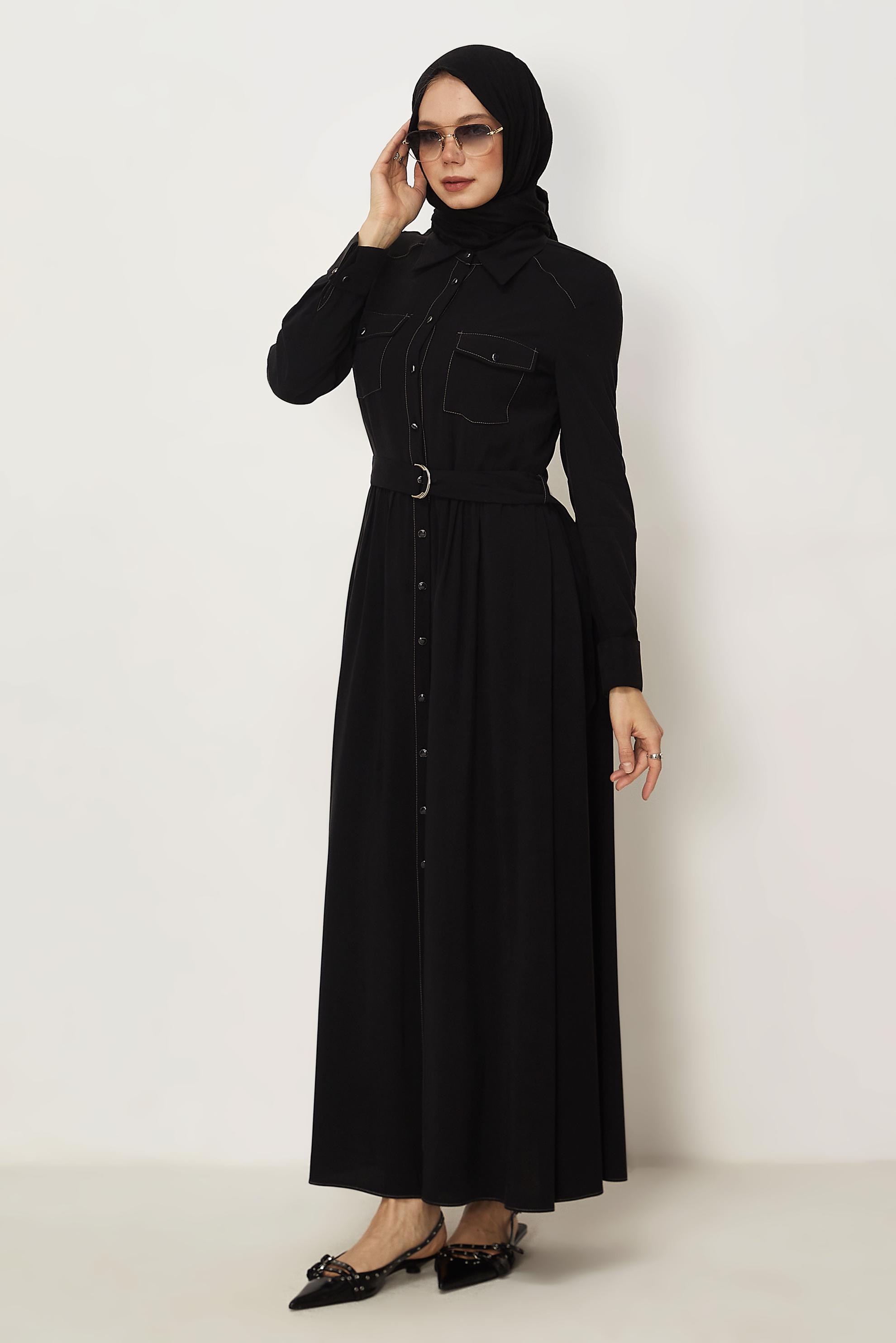Hijab clothing BLACK BELTED DENIM DRESS 46432