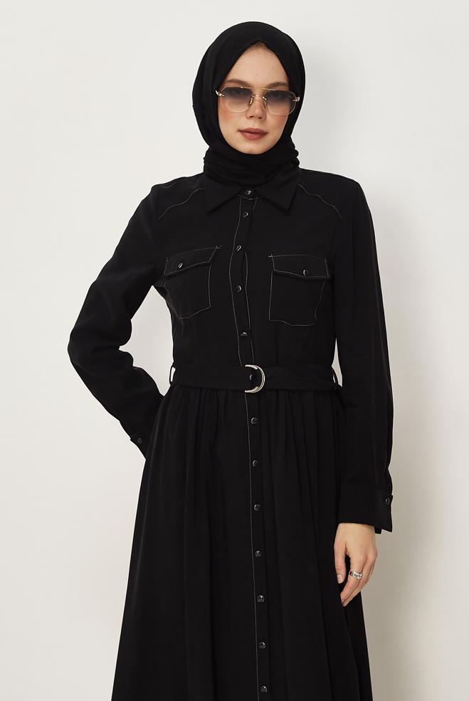 Hijab clothing BLACK BELTED DENIM DRESS 46432 - ALVİNA