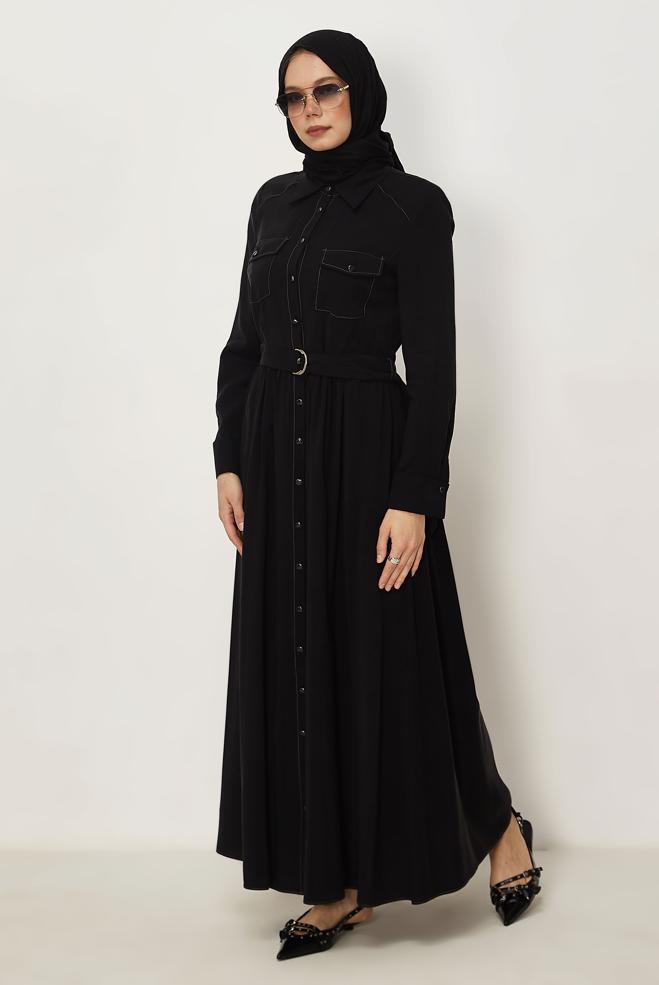 Hijab clothing BLACK BELTED DENIM DRESS 46432 - ALVİNA