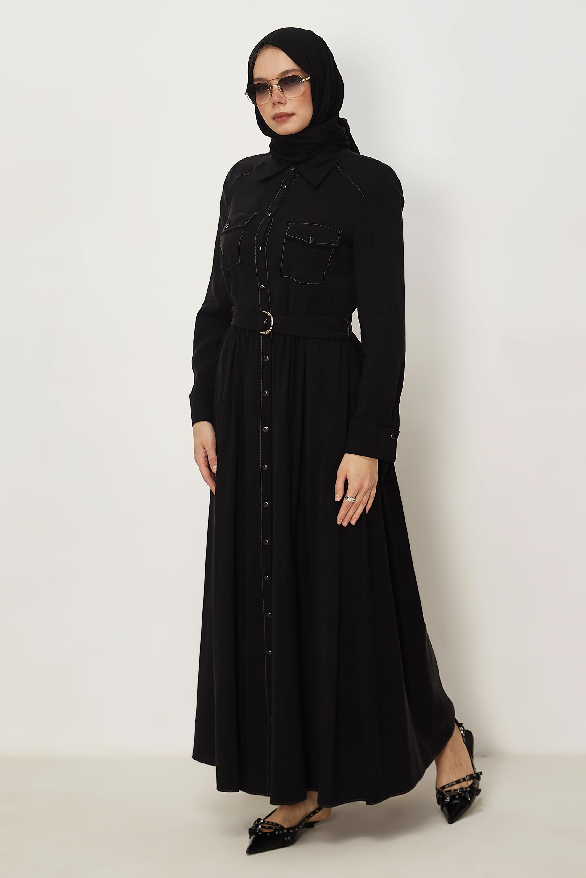 Hijab clothing BLACK BELTED DENIM DRESS 46432
