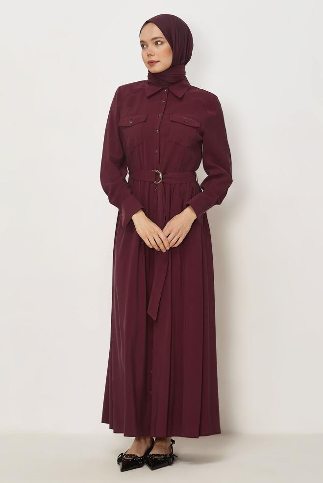 Hijab clothing BEIGE BELTED DENIM DRESS 46432 - ALVİNA