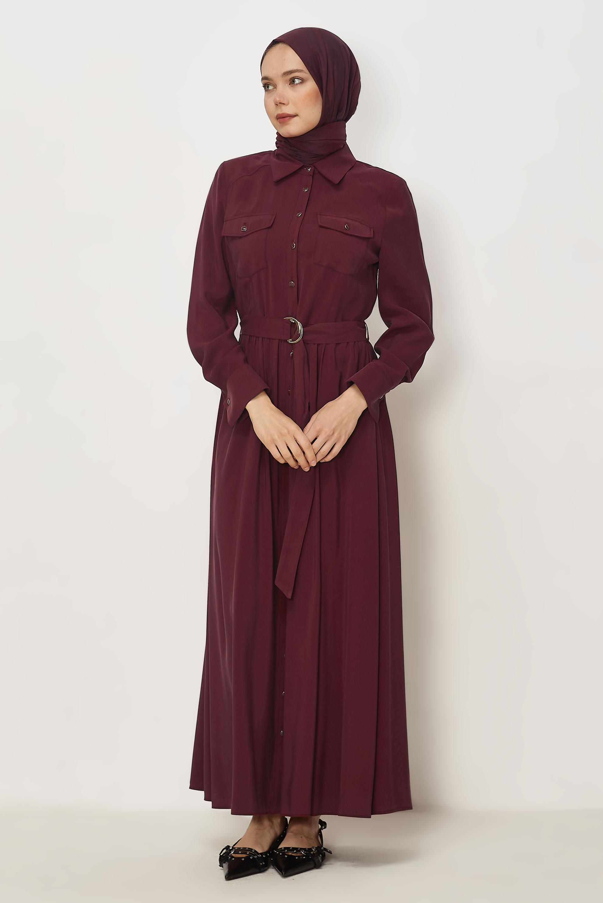 Tesettür giyim BORDO KEMERLİ DENİM ELBİSE 46432