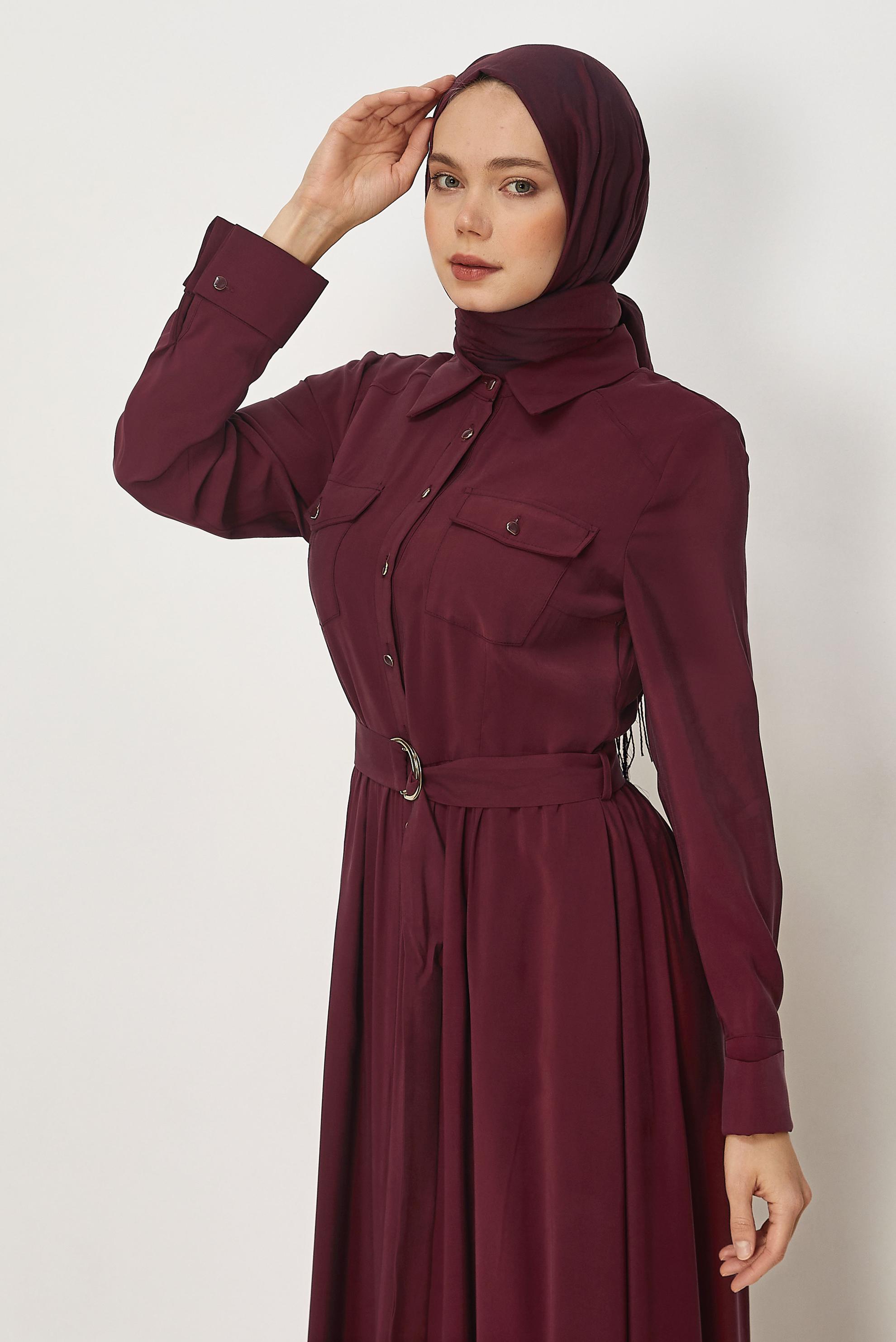Tesettür giyim BORDO KEMERLİ DENİM ELBİSE 46432
