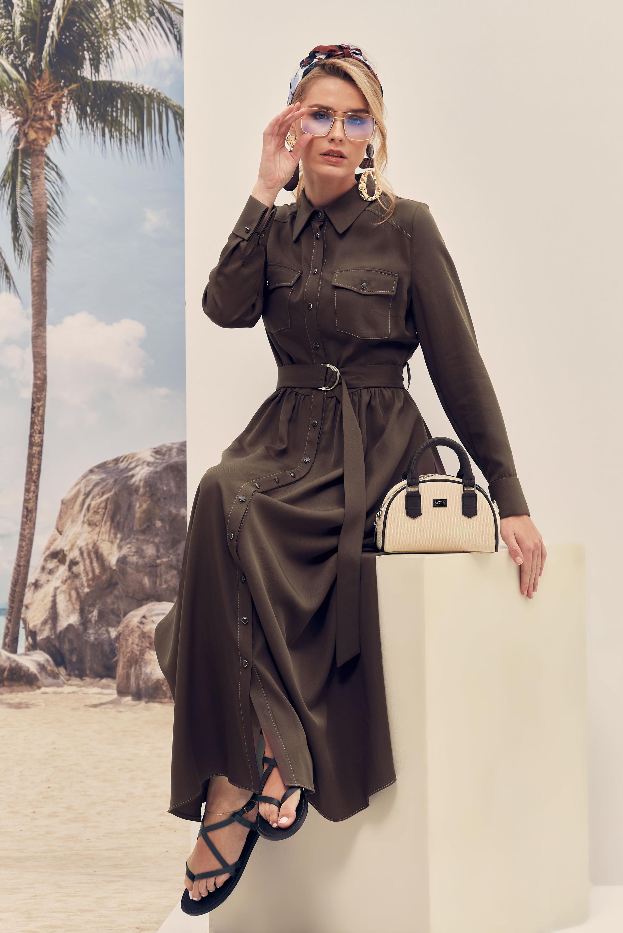 Hijab-Kleidung BRAUN JEANSKLEID MIT GÜRTEL 46432