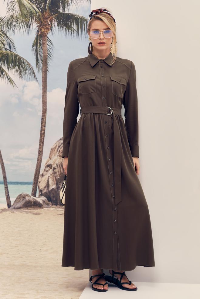 Hijab-Kleidung BRAUN JEANSKLEID MIT GÜRTEL 46432 - ALVİNA