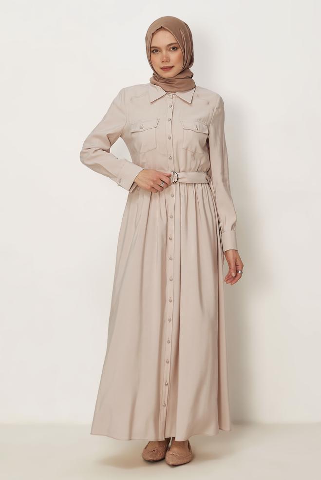 Hijab clothing BEIGE BELTED DENIM DRESS 46432 - ALVİNA
