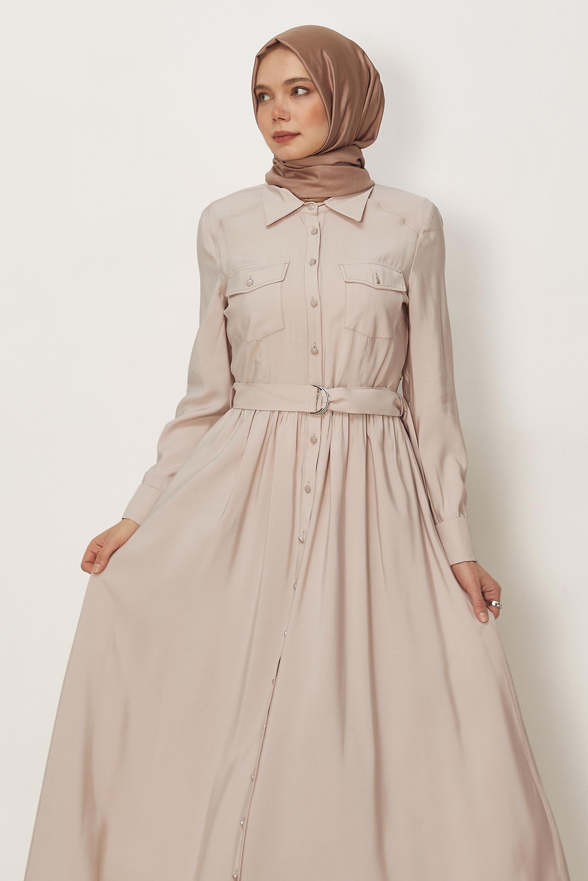 Hijab clothing BEIGE BELTED DENIM DRESS 46432