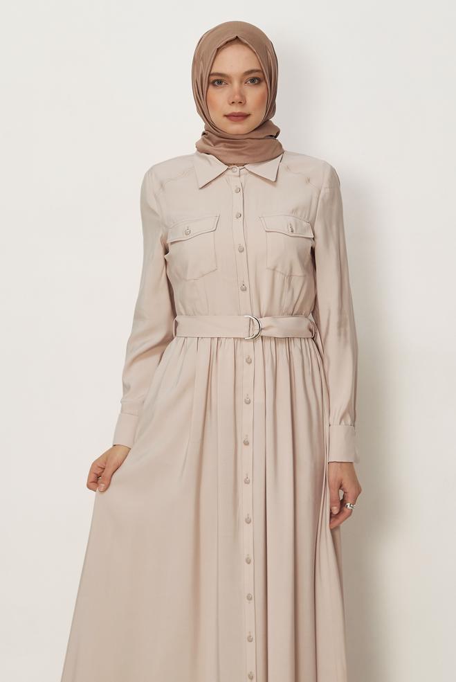 Hijab clothing BEIGE BELTED DENIM DRESS 46432 - ALVİNA