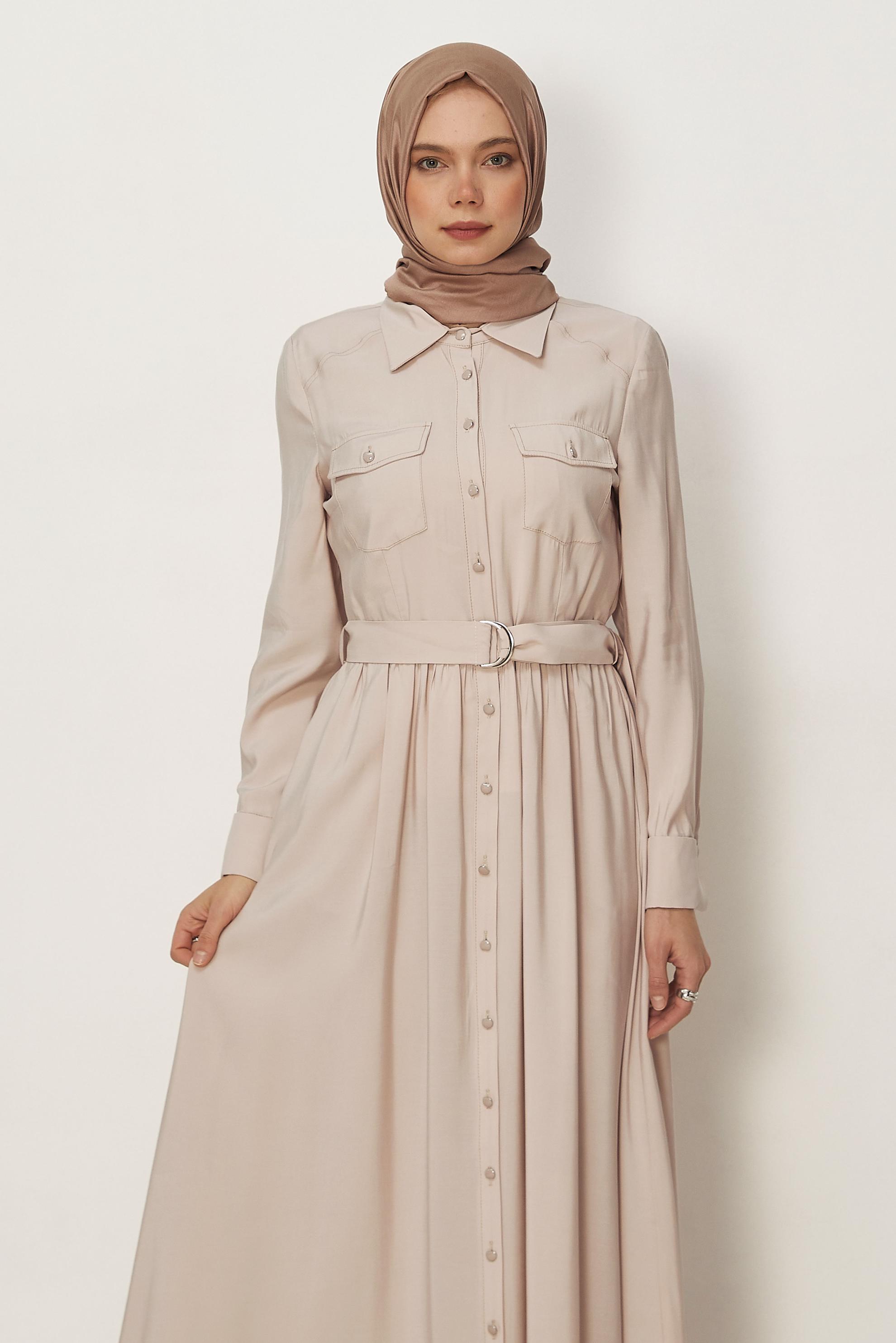 Hijab clothing BEIGE BELTED DENIM DRESS 46432