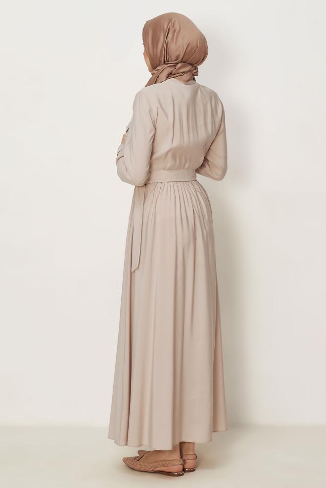 Hijab clothing BEIGE BELTED DENIM DRESS 46432 - ALVİNA