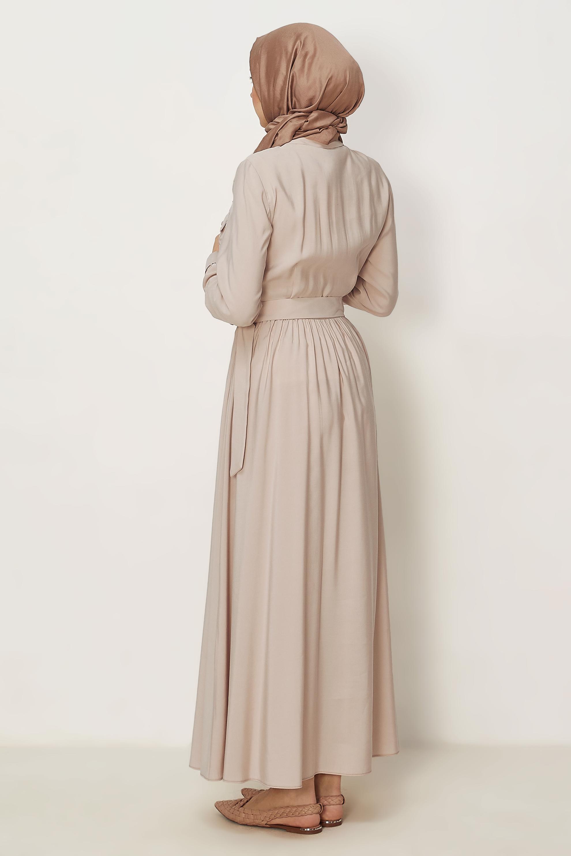 Hijab clothing BEIGE BELTED DENIM DRESS 46432