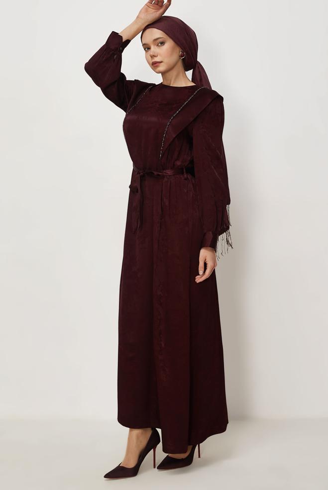 Hijab clothing BEIGE BELTED JACQUARD DRESS 46436 - ALVİNA