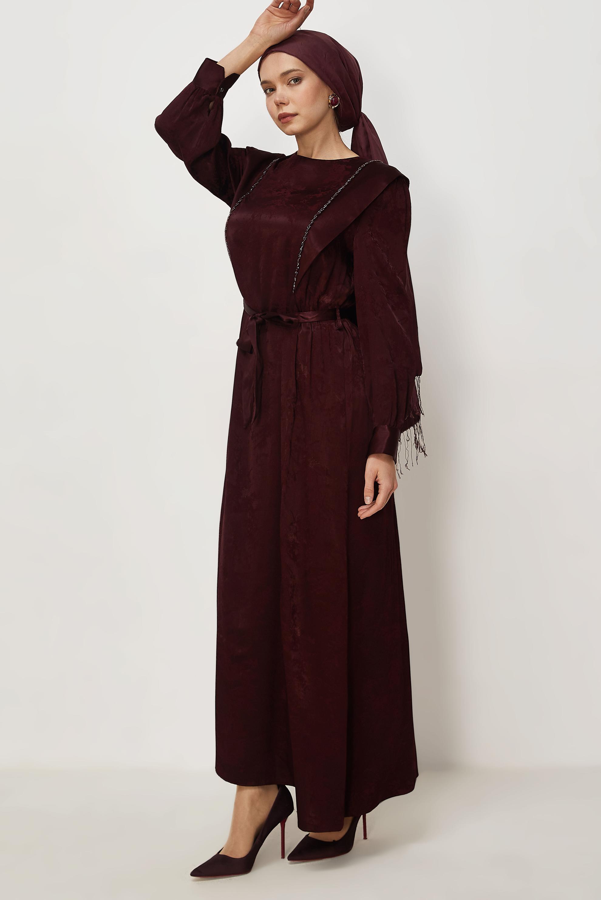 Hijab clothing BEIGE BELTED JACQUARD DRESS 46436