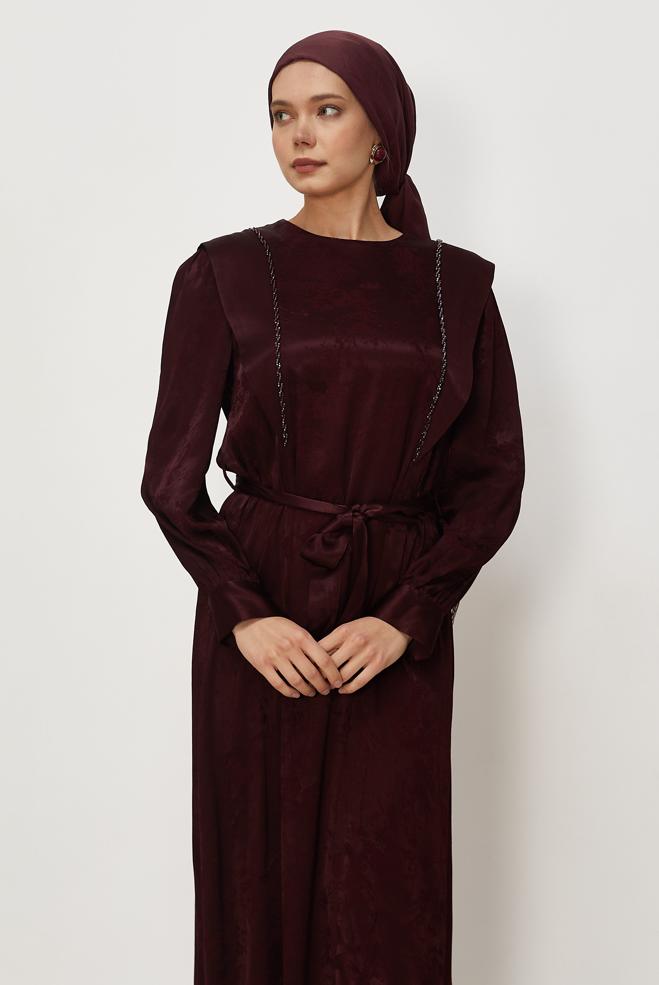 Hijab clothing BEIGE BELTED JACQUARD DRESS 46436 - ALVİNA