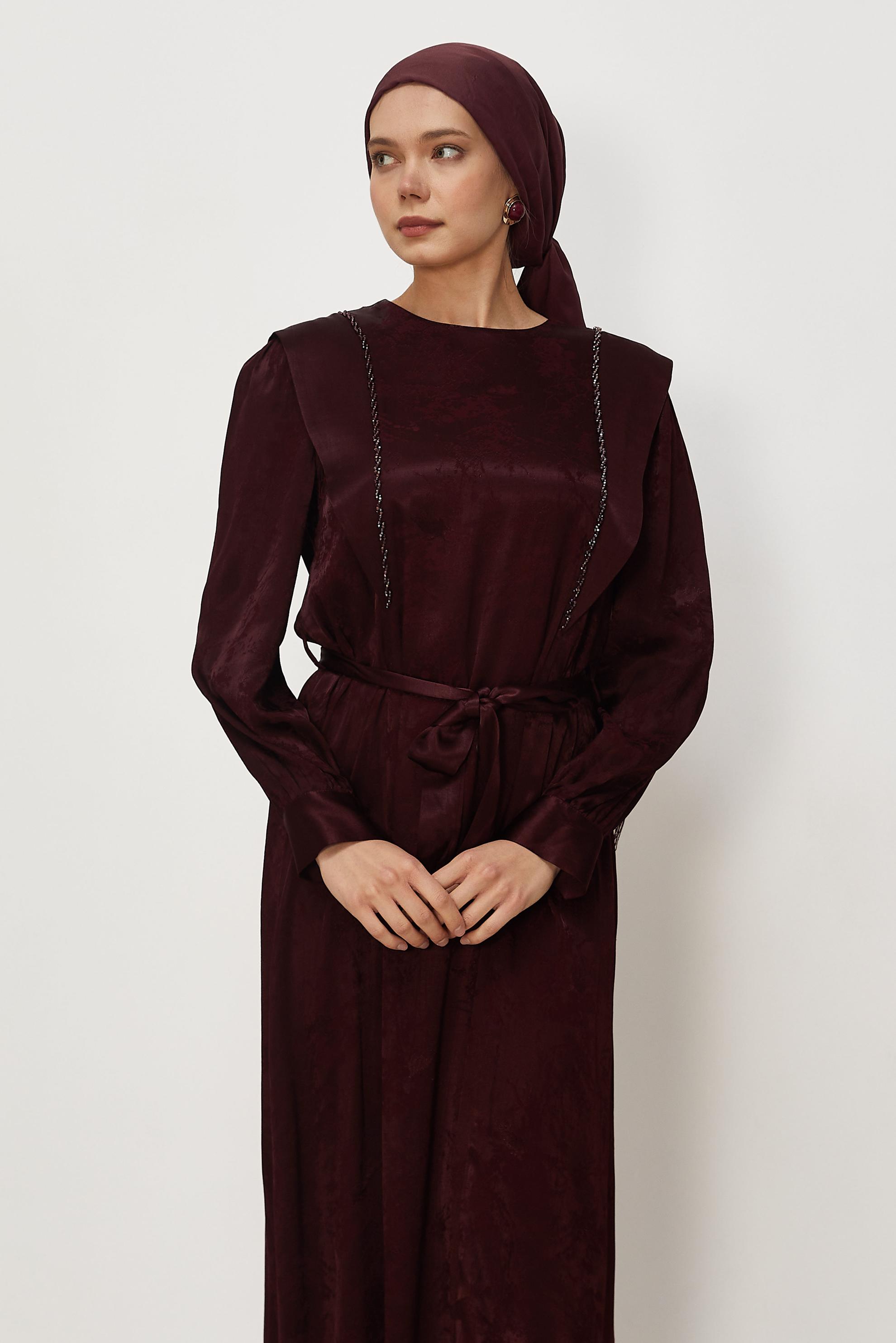 Hijab clothing BEIGE BELTED JACQUARD DRESS 46436