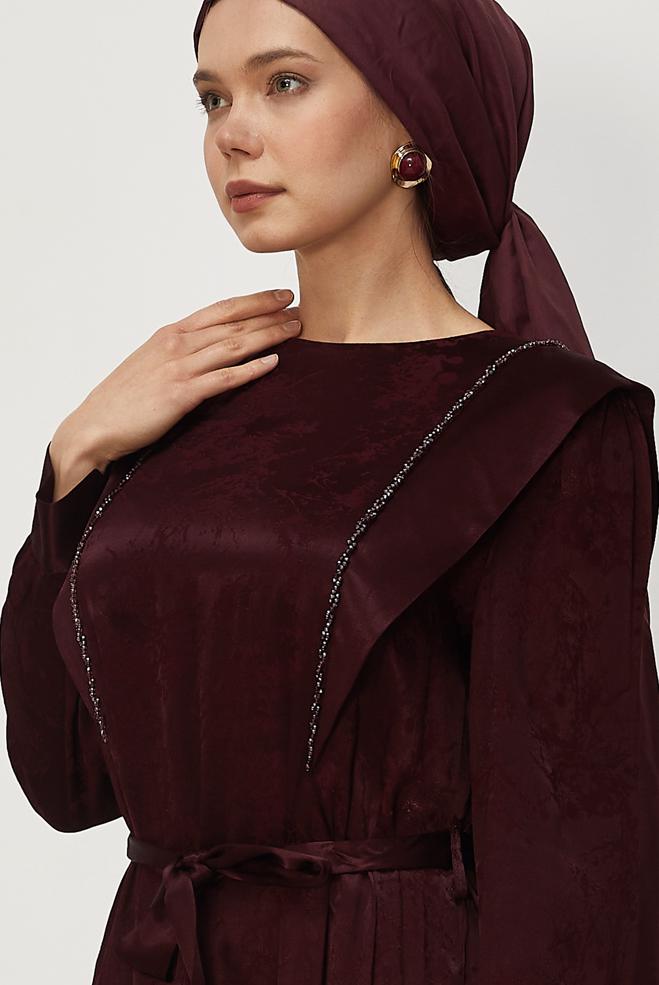 Hijab clothing BEIGE BELTED JACQUARD DRESS 46436 - ALVİNA