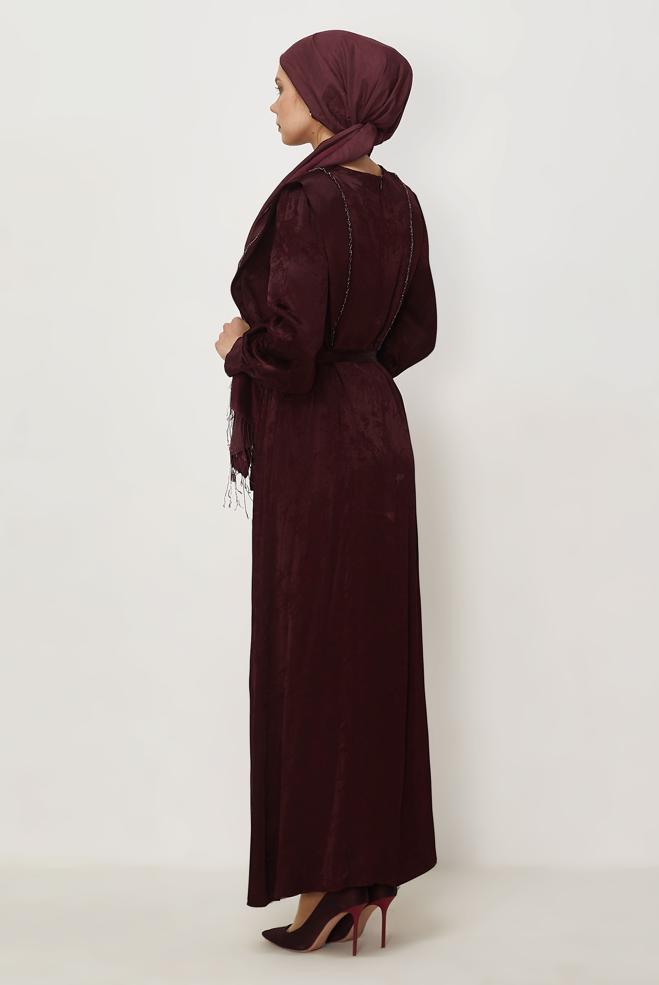 Hijab clothing BEIGE BELTED JACQUARD DRESS 46436 - ALVİNA